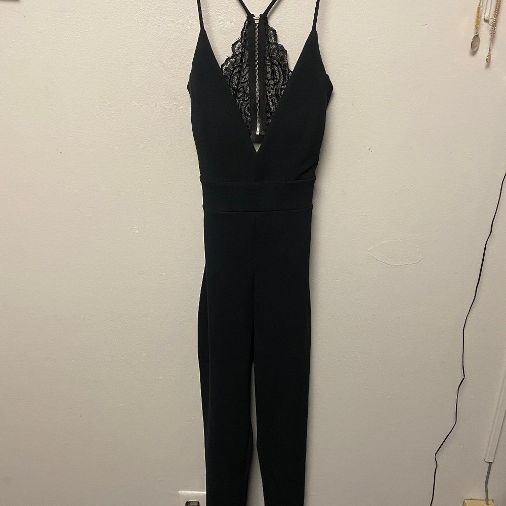 Long Black Deep V Neck Jumpsuit With Lace Back